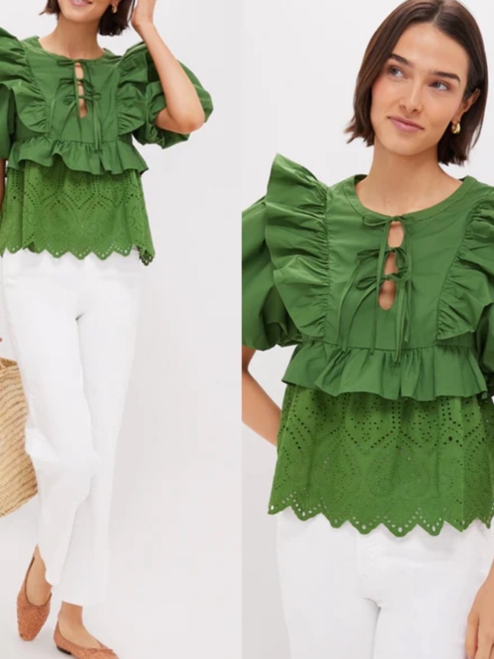 Tuckernuck Hyacinth House Blouse Nadia Ruffle Short Sleeve Eyelet Forest Green